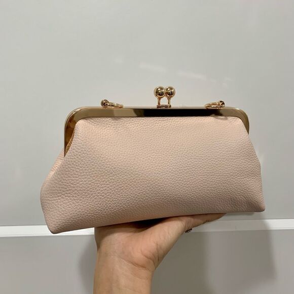 Soft Pink Genuine Pebble Leather Kisslock Clutch/Shoulder Bag/Crossbody - Picture 4 of 15